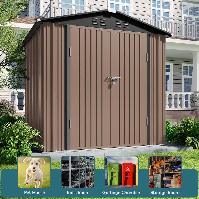 6' x 4' Outdoor Rust- Resistant Metal Garden Ventilated Storage Shed, Backyard Metal Tool Storage with Lockable Double Doors