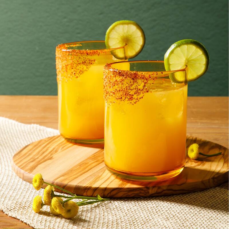 Bloomhouse Sayulita Spring 8 Piece Hand Made 16 OZ Amber Glass Double Old Fashioned Set W/ Coasters