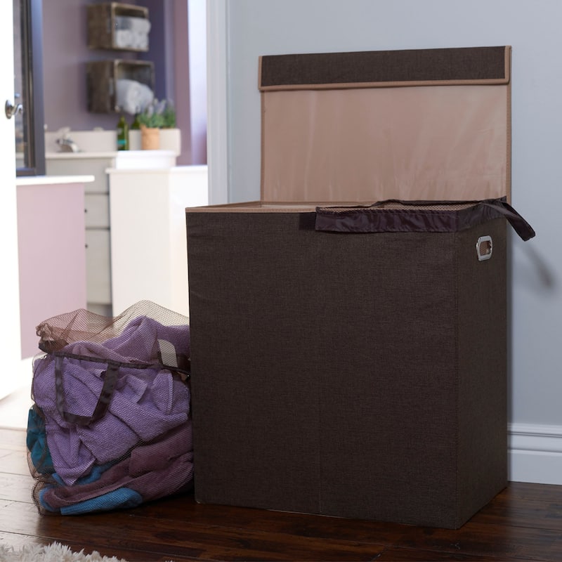Household Essentials Double Hamper Laundry Sorter with Magnetic Lid, Brown Coffee Linen - 14.0"L x 24.0"W x 26.0"H