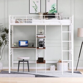 Twin Size Metal Loft Bed and Built-in Desk and Shelves