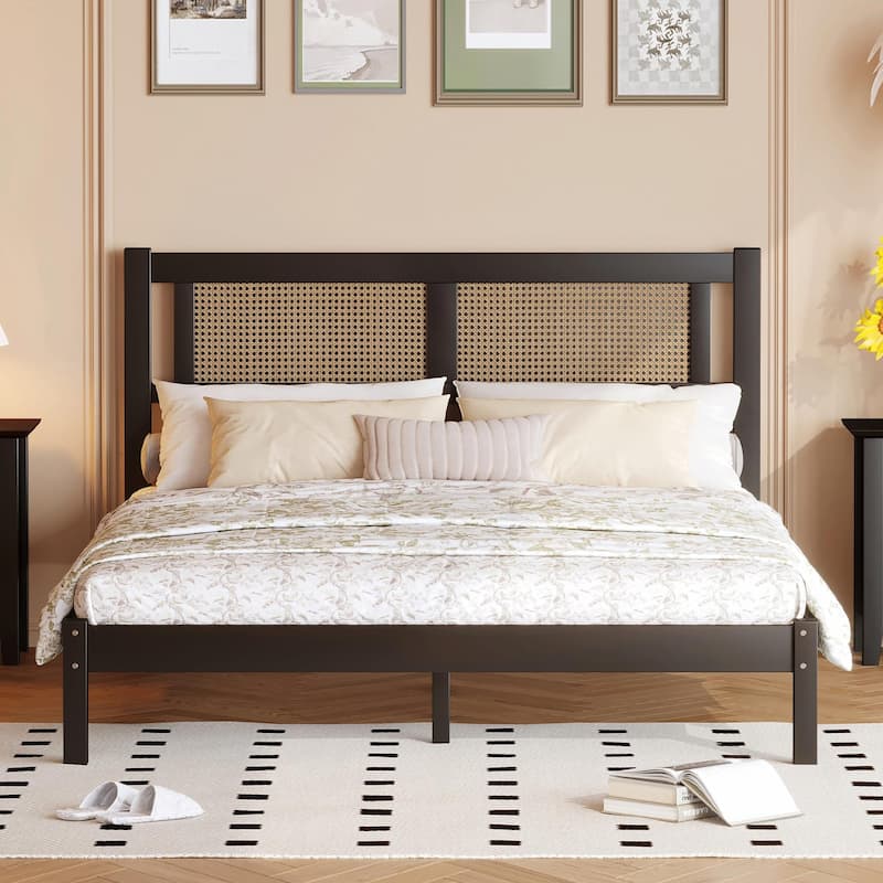 Wood Platform Bed with Natural Rattan Headboard, Elegant Minimalist Design