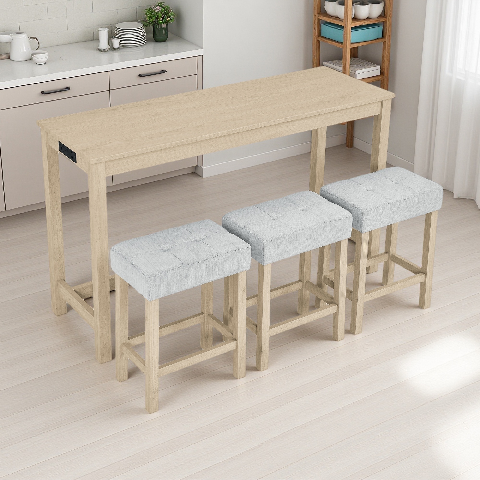 4-Piece Bar Height Dining Set with Power Outlet and 3 Upholstered Stools