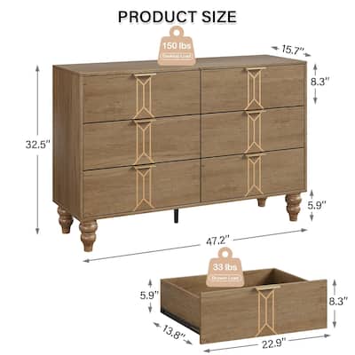 Walnut and Gold Wooden 6 Drawer Dresser with Vintage Pattern Design, Modern Chest Dresser