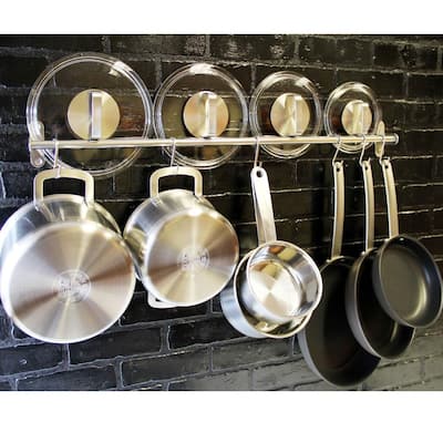 Wallniture Lyon Steel 31.5'' Pot Rack with 10 Hooks, Utensil Holder, Silver