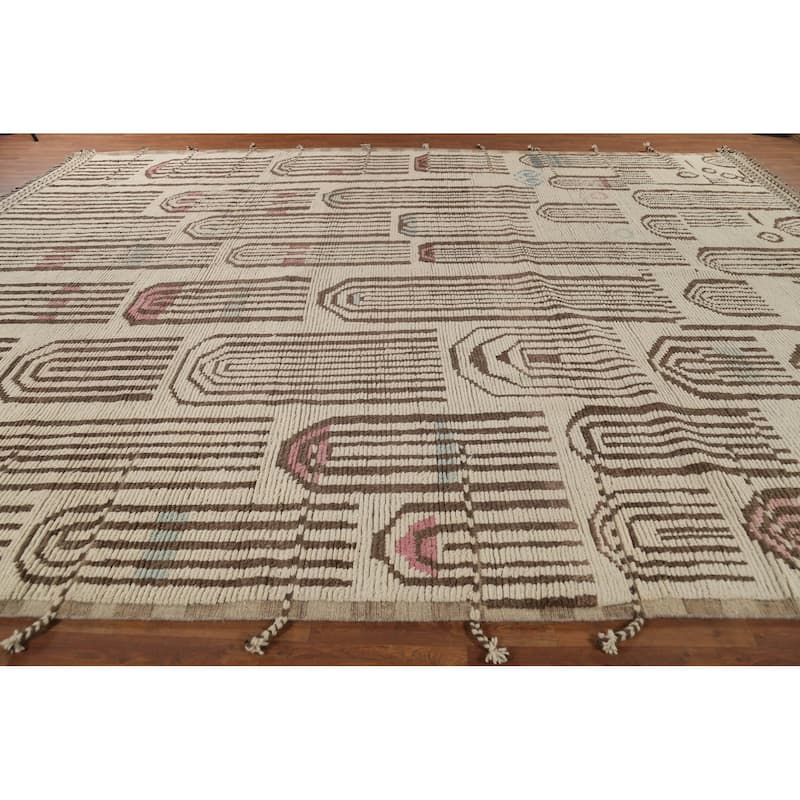 All-Over Ivory Moroccan Modern Large Area Rug Handmade Wool Carpet - 11'0"x 15'10"