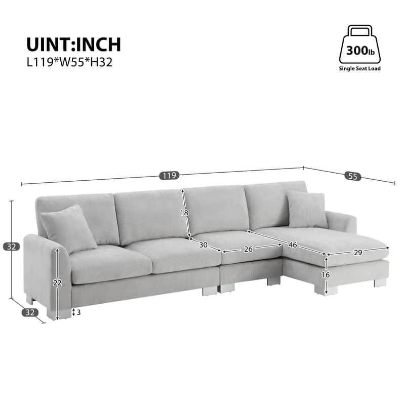 119" Modern Four-Seat L-Shaped Sofa with Two Pillows