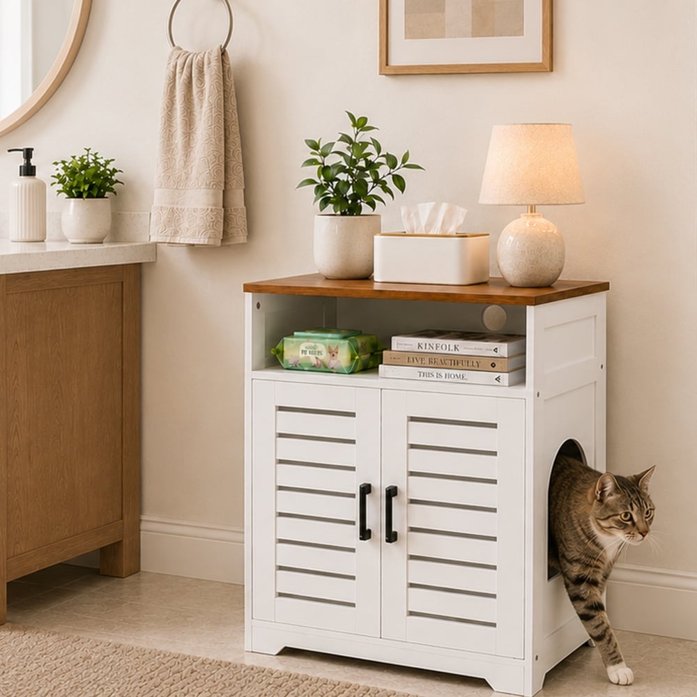 Cat Litter Box Enclosure with Louvered Doors and Open Storage Shelf, Dog-Proof Hidden Cat Washroom Cabinet