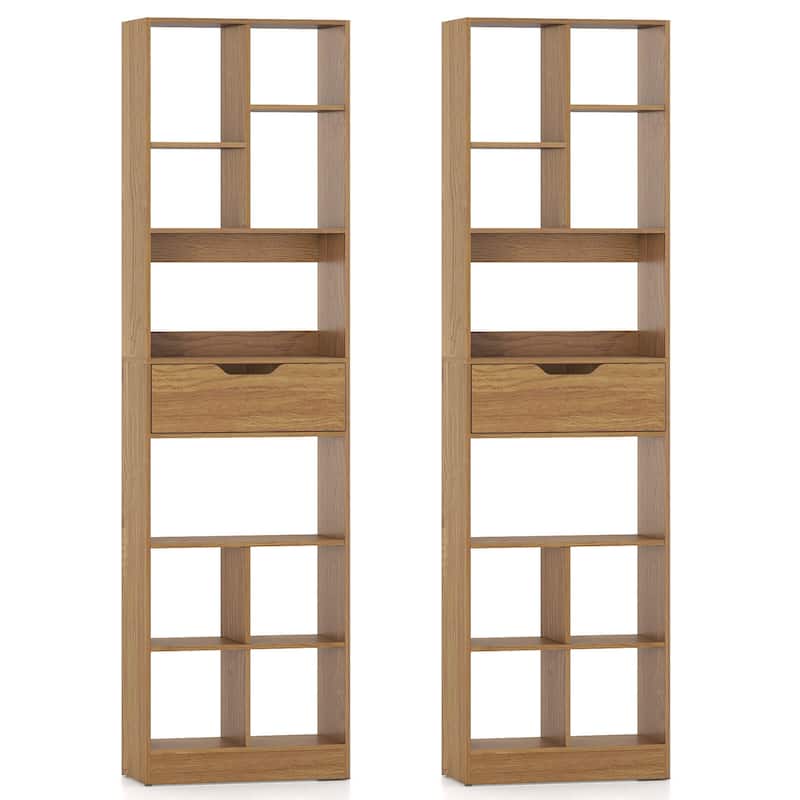 Costway 1/2 PCS 71” Bookcase with Drawer 10 Open Cubes Anti-toppling - 2 PCS