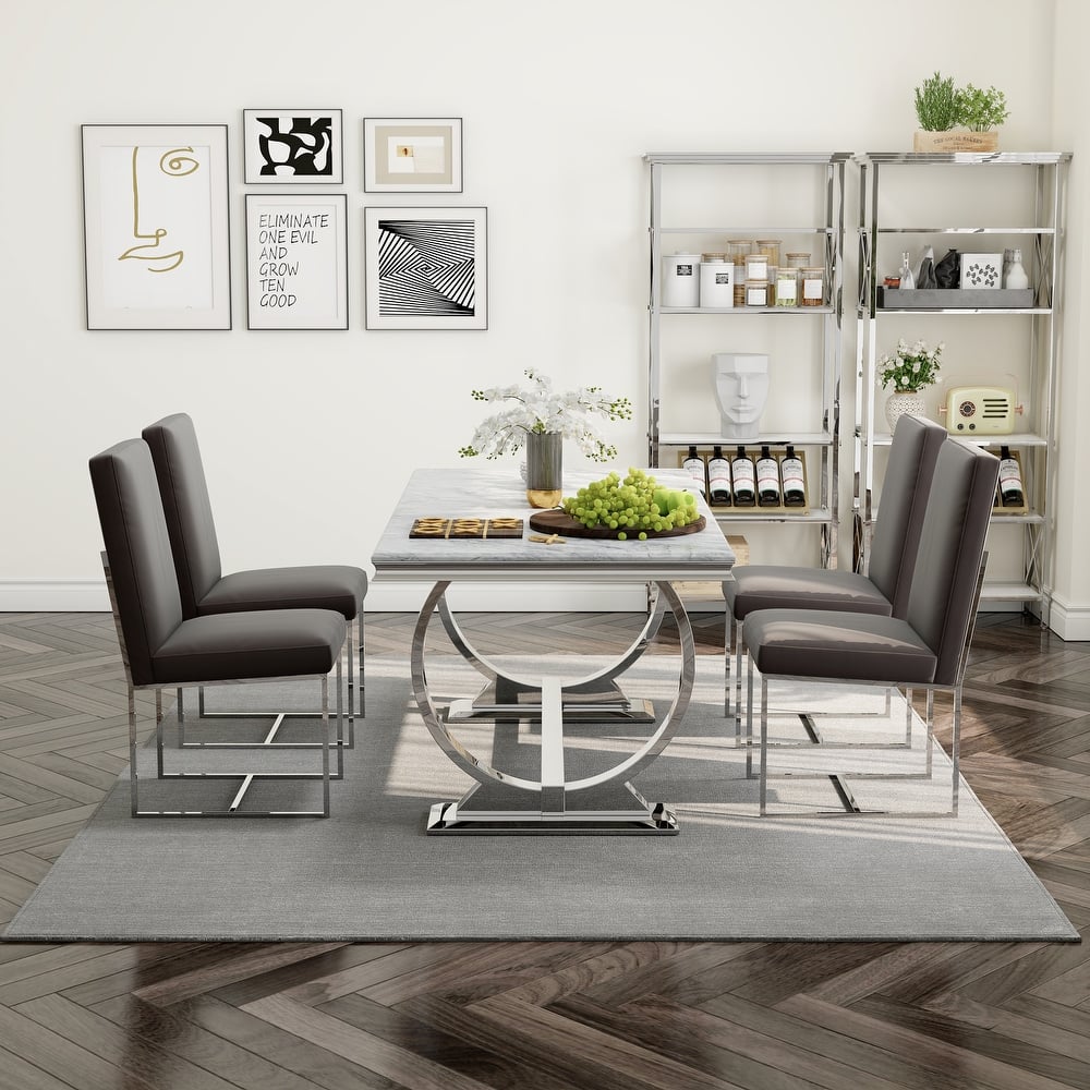 White and Gold Dining Room Table Set with 72 inch Table and White PU Leather Dining Chairs