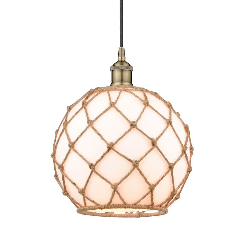 Innovations Lighting 616-1P-13-10 Farmhouse Pendant Farmhouse 10" Wide - Antique Brass / White Glass / Brown Rope
