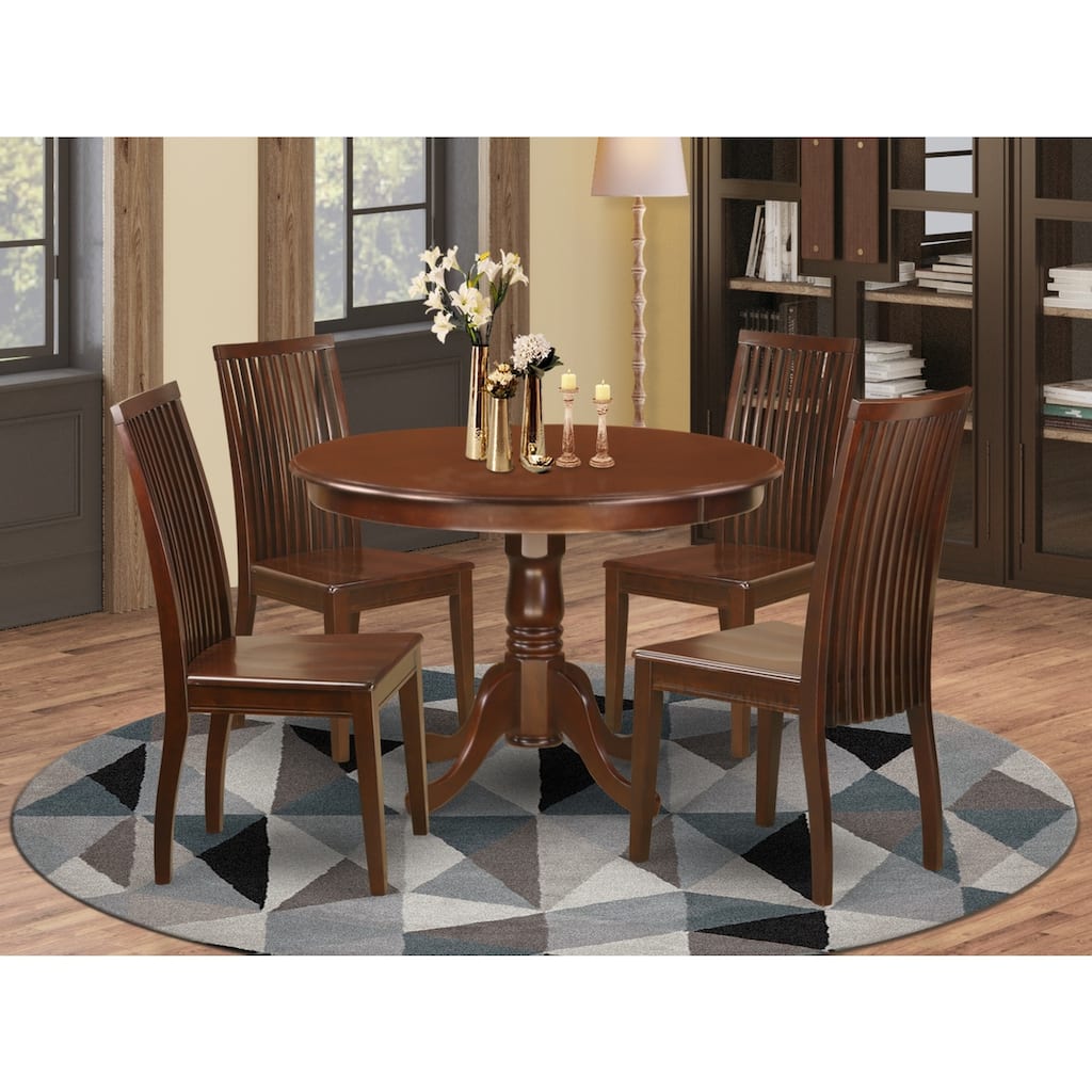 5 Piece Dinette Set - Round Table & 4 Chairs - Wood Seat - Mahogany Finish - HomeStock
