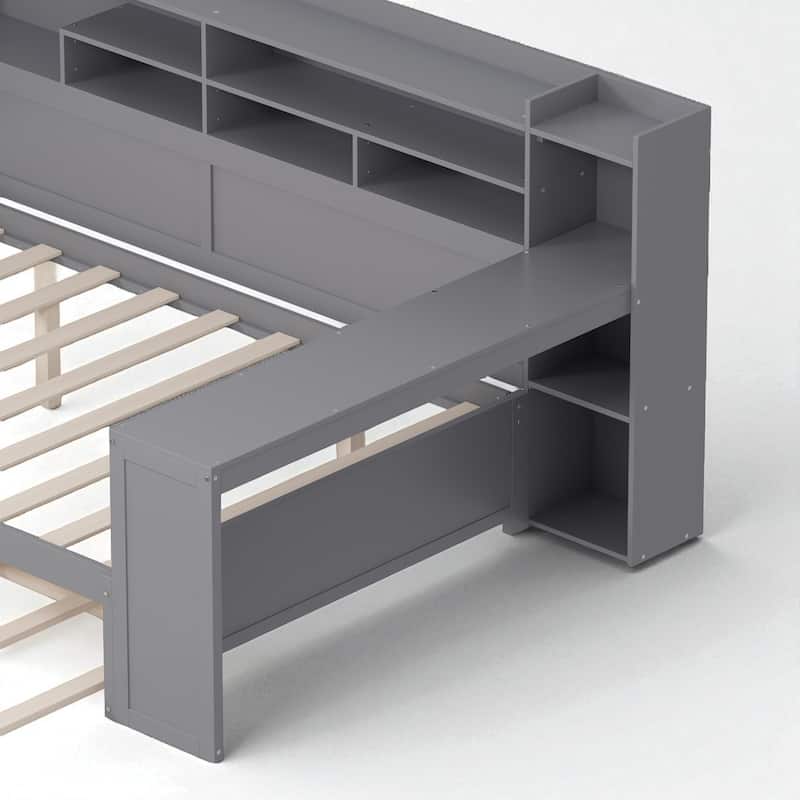 Wooden Twin/Full Daybed with Trundle Bed, Study Desk, and Storage Shelves
