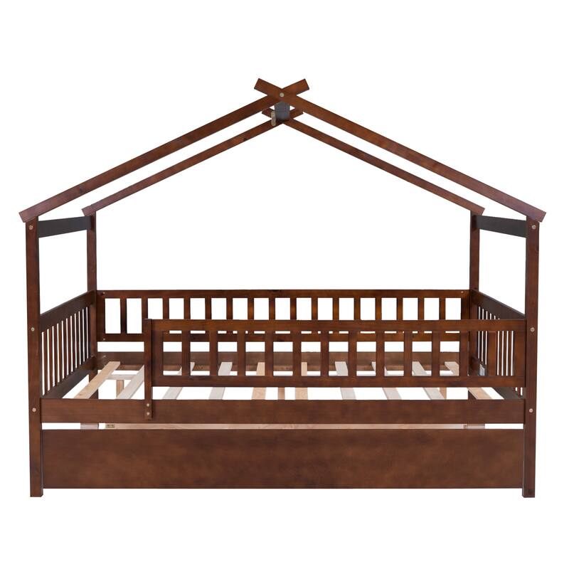 Pine House Bed with Trundle, Guardrail & Roof