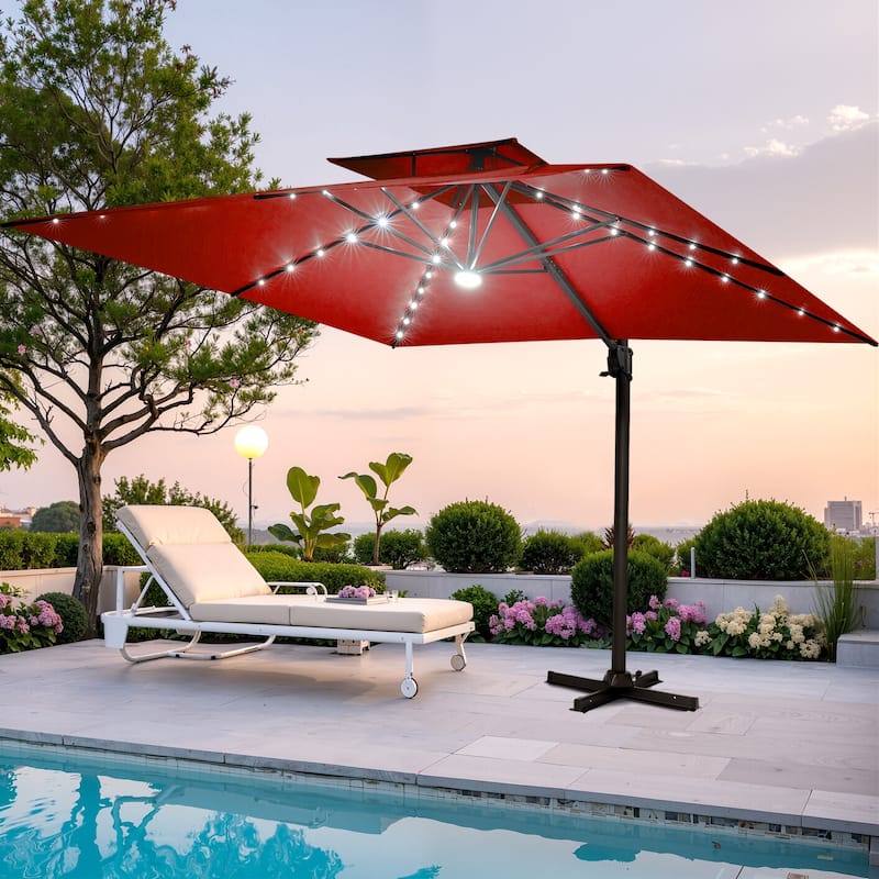 Pellebant 9x11FT Outdoor Dual Top Cantilever Patio Umbrella LED Light - Red