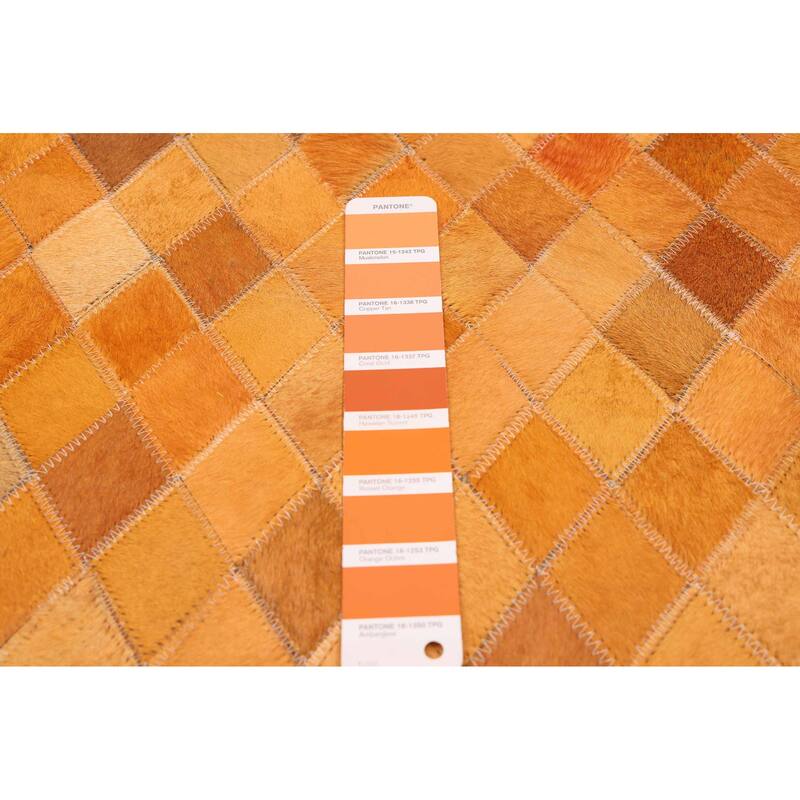 ECARPETGALLERY Handmade Cowhide Patchwork Orange Leather Rug - 7' x 7'