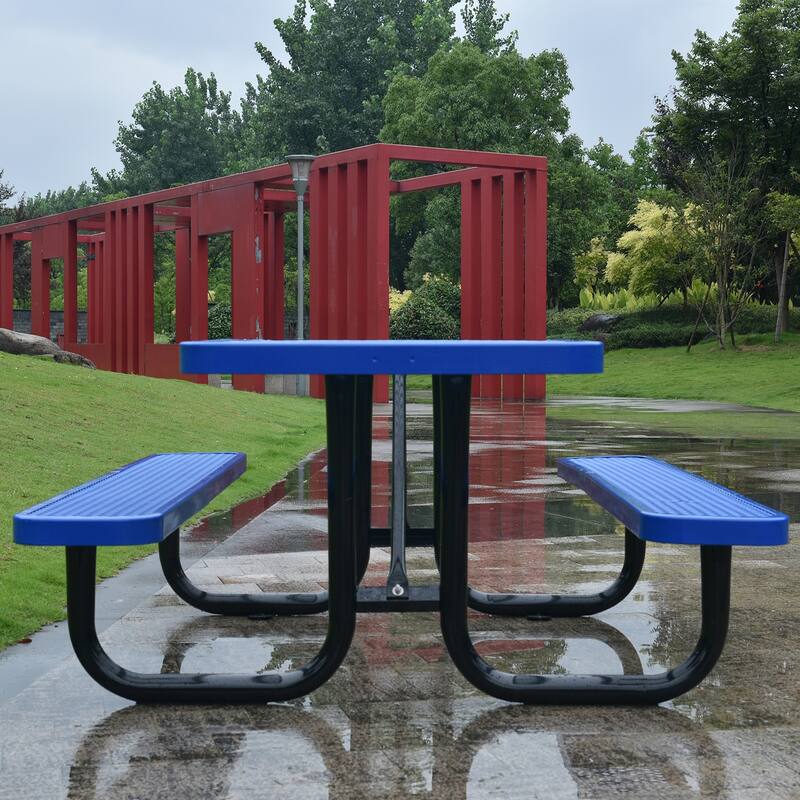 46" Heavy Duty Square Steel Picnic Table, Black with Umbrella Hole - Blue