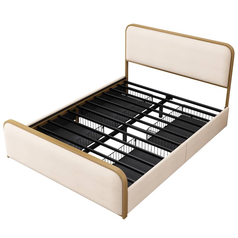 Linen Upholstered Bed Metal Platform Bed Frame with Storage Underneath, Safety Rounded Corners Design Headboard and Footboard