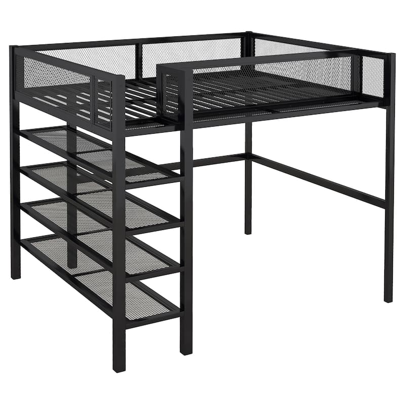 Full Size Metal Loft Bed with 4-Tier Shelves and Storage, Black