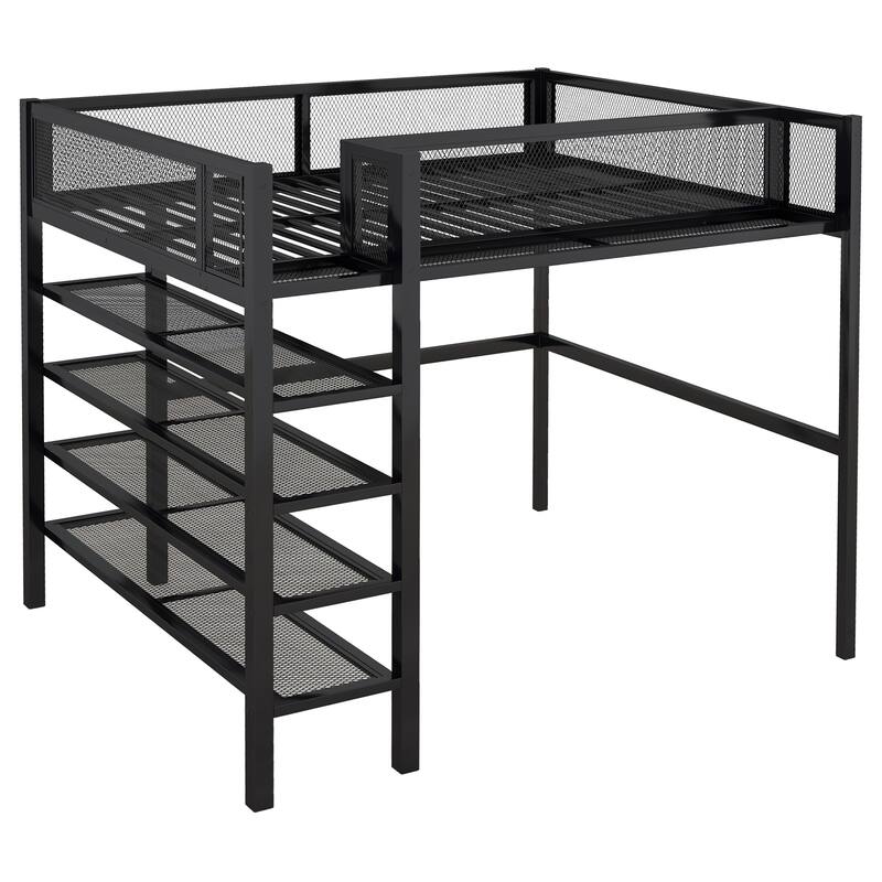 Full Size Metal Loft Bed with 4-Tier Shelves and Storage, Space-Saving Design for Kids & Teens