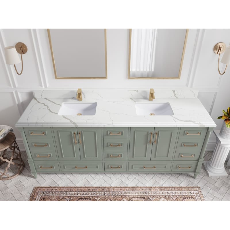 Willow Collections 84 in. W x 22 in. D Aberdeen Double Bowl Sink Bathroom Vanity with Countertop - 1.5" Calacatta Laza - Evergreen