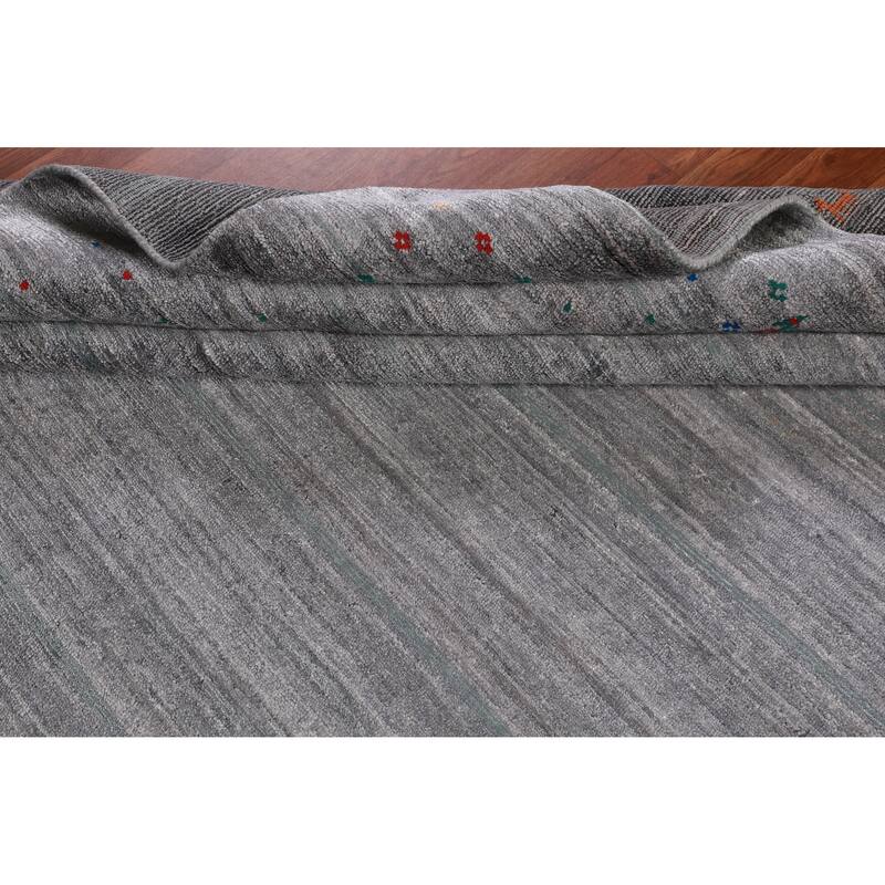Hand Knotted Oriental Viscose Silk Carpet Tribal Stripe Greys & Charcoal Gabbeh Area Rug - 9' 10'' X 7' 10''