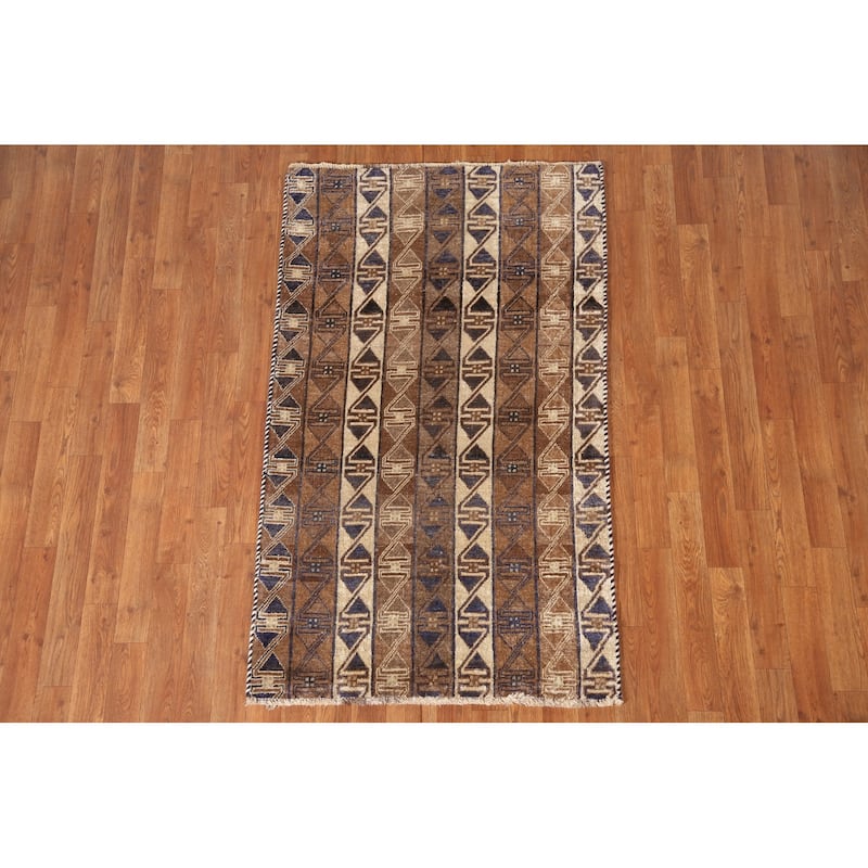 Brown Geometric Balouch Persian Vintage Rug Hand-knotted Wool Carpet - 2'11"x 5'0"