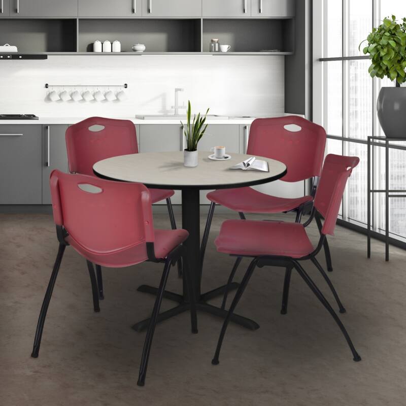 36" Round Breakroom Table- Maple & 4 'M' Stack Chairs- Burgundy - 36