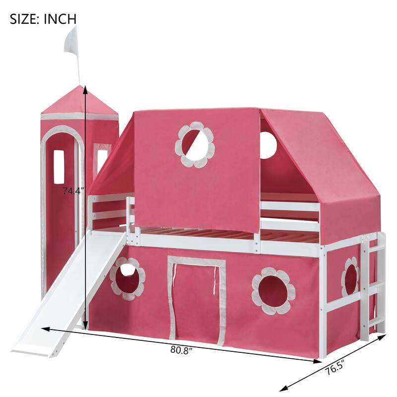 Full Size Loft Bed with Castle Tower, Slide, and Play Tent, Solid Pine Wood Construction with Spacious Under-Bed Play Area