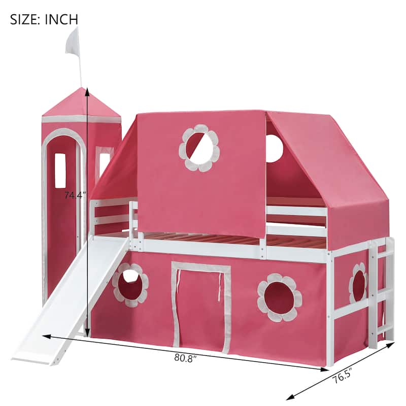 Twin Size Low Loft Bed with Slide & Play Tower, Solid Wood Floor Playhouse Bed Frame w/Tent & Window Design for Kids Girls Boys