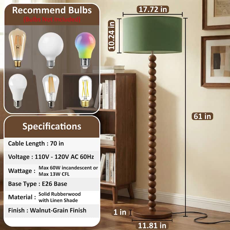 61" Wooden Beaded Floor Lamp, Retro Walnut Finish Standing Lamp with Linen Shade, Rubberwood Base for Living Room, Bedroom