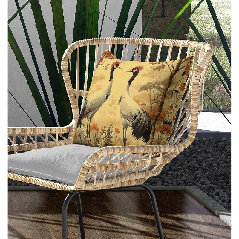 Autumnal Cranes Indoor/Outdoor Reversible Throw Pillow Beige and Gray