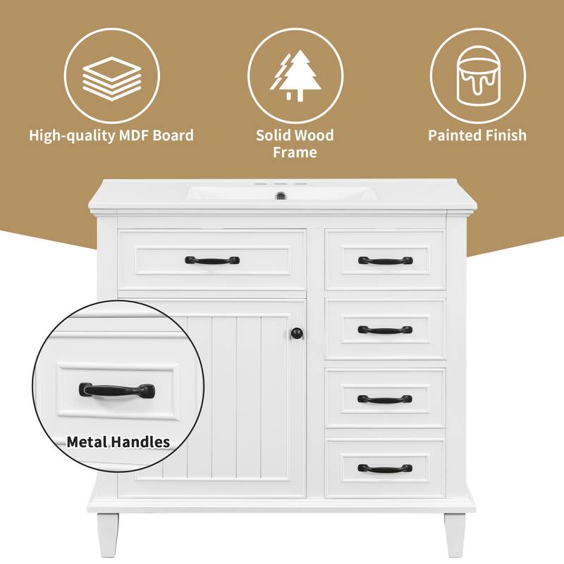 36 Inch Bathroom Vanity with Ceramic Sink Top, Solid Wood Frame, MDF & Poplar Cabinet, Flip Drawers, Adjustable Shelf