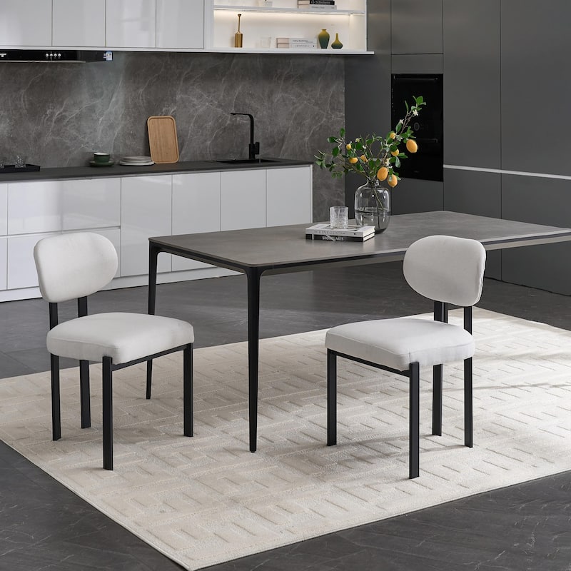 Mid-Century Upholstered Boucle Kitchen Dining Chairs with Black Metal Legs，Set of 2