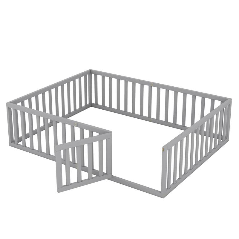 Queen Size Wood Floor Bed Frame with Fence and Door
