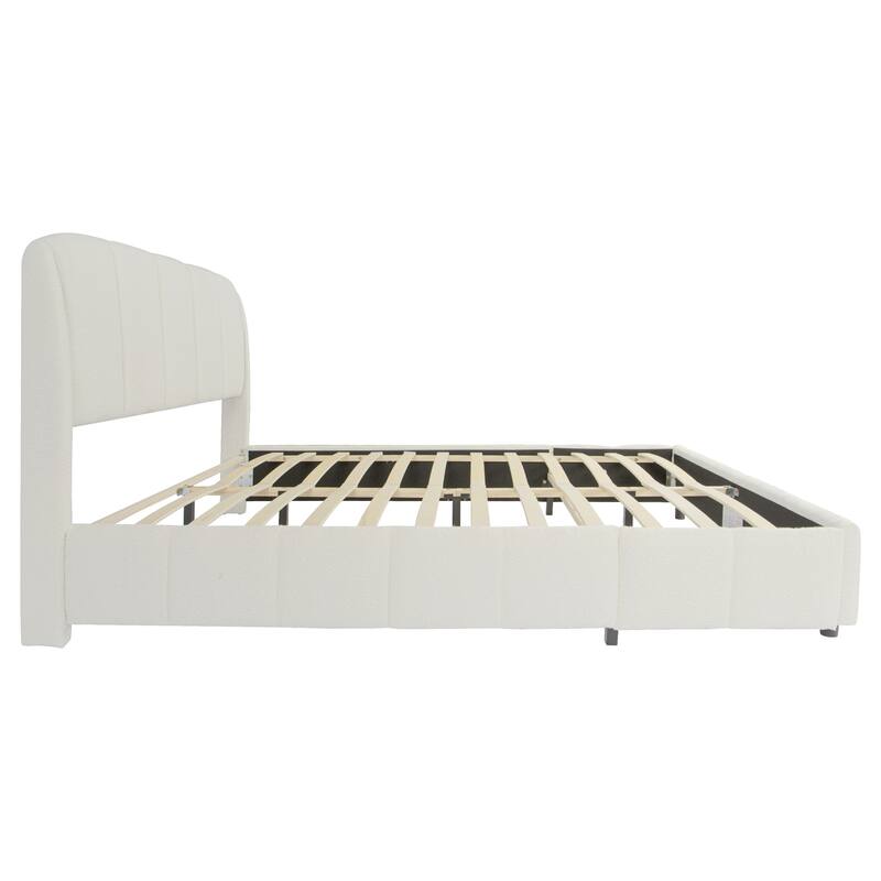 Queen Boucle Fabric Platform Bed, Soft Curved Headboard, Beige Finish, Simple Setup