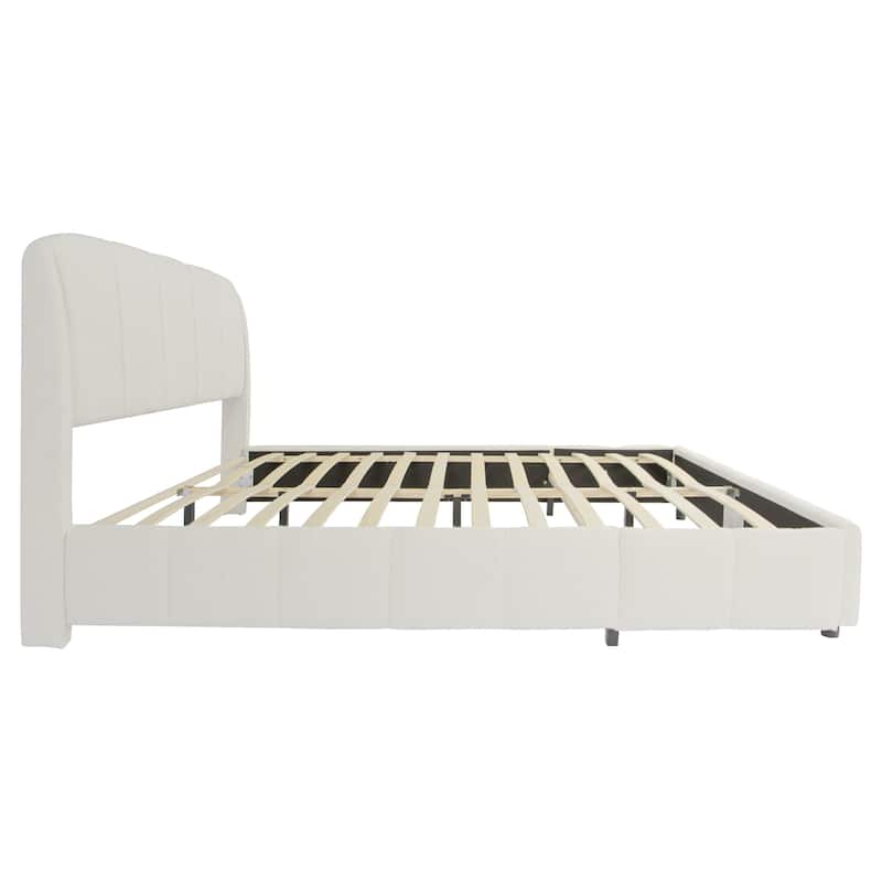 Upholstered Platform Bed w/Curve-Shaped Design Headboard, Soft Boucle Fabric Bed Frame, Wood Slats Support, Easy Assembly, Beige
