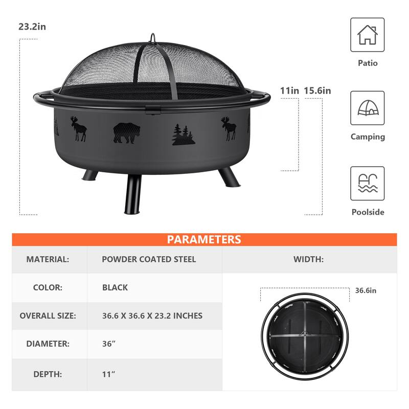 42 inches Outdoor Fire Pit with Spark Screen and Log Poker