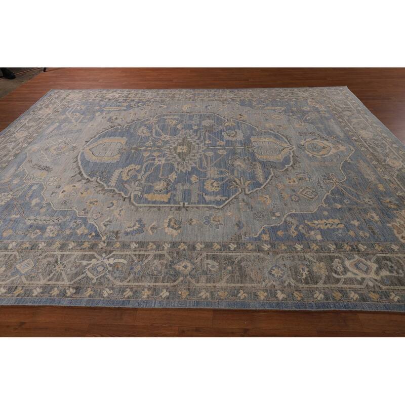 Transitional Blue Oushak Turkish Area Rug Handmade Wool Carpet - 9'2"x 11'10"