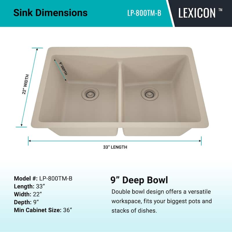 Lexicon Platinum Quartz 33 Inch Double Equal Bowl Undermount Kitchen Sink with Bottom Grids and Strainers , Disposal Flange