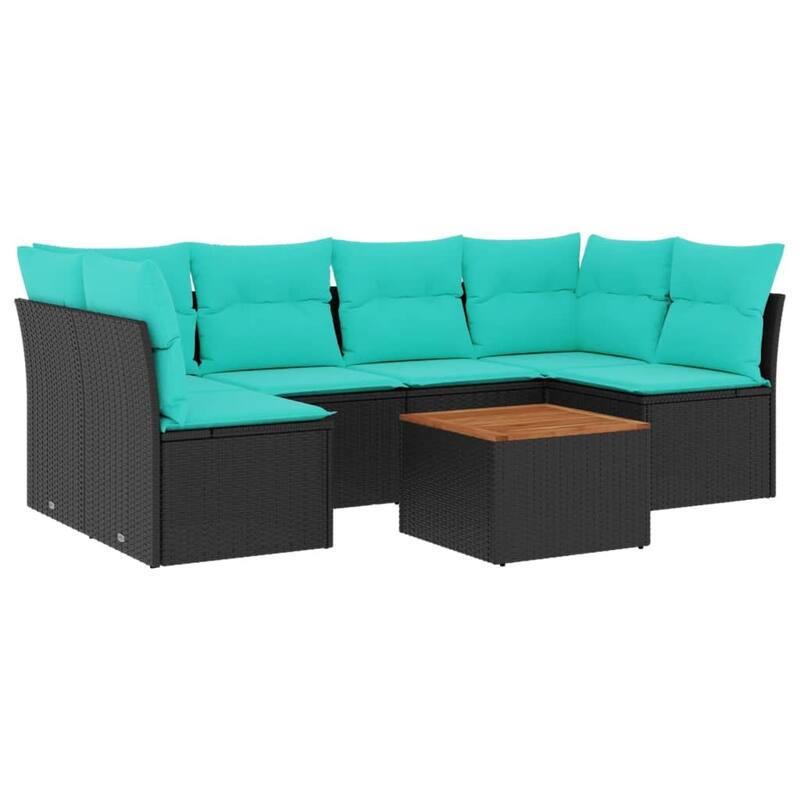 vidaXL 7 Piece Patio Sofa Set with Cushions Black Poly Rattan - 24.4 x 24.4 x 27.2