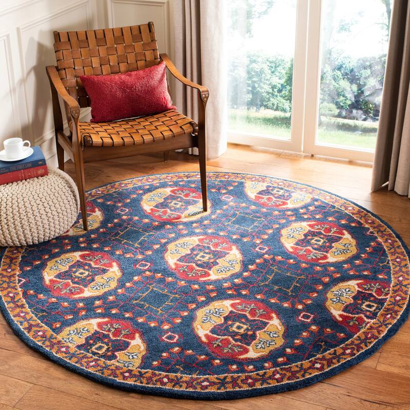 SAFAVIEH Handmade Heritage Rose Chintz Traditional Oriental Wool Rug - 6' Round - Navy/Red