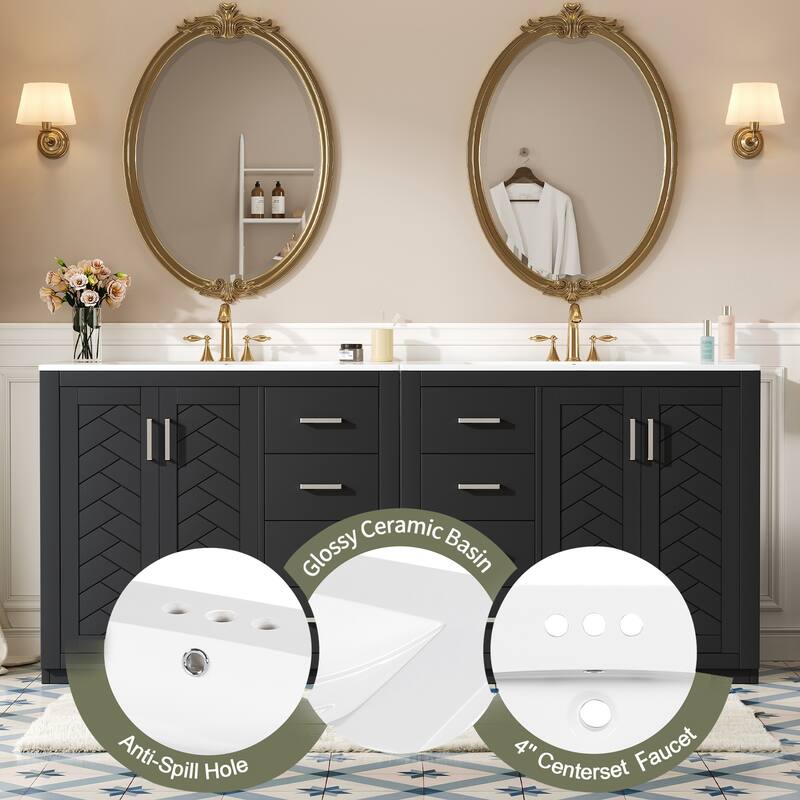 72'' Freestanding Bathroom Vanity with Integrated White Ceramic Sink - 72'' x 18.3'' x 33.7''