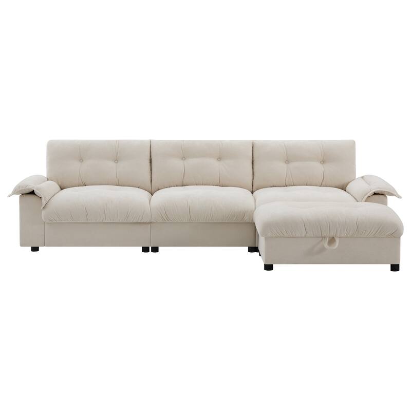 Chenille Tufted L-Shape Sectional Sofa with Storage Ottoman, Pockets and All-in-one Armrest with Dual-Port Charging, Cup Holder