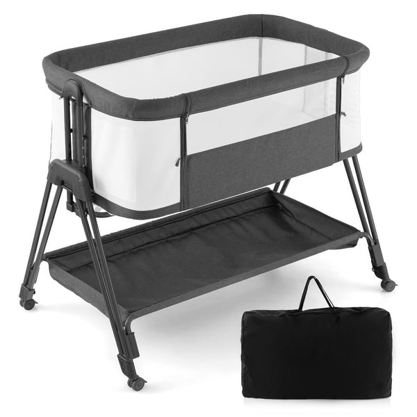 slide 2 of 12, Costway Baby Bedside Sleeper Bassinet with Wheels & Storage Tray - 38'' x 22''x 28''-34'' (L x W x H) Grey + White - 38'' x 22''x 28''-34'' (L x W x H)