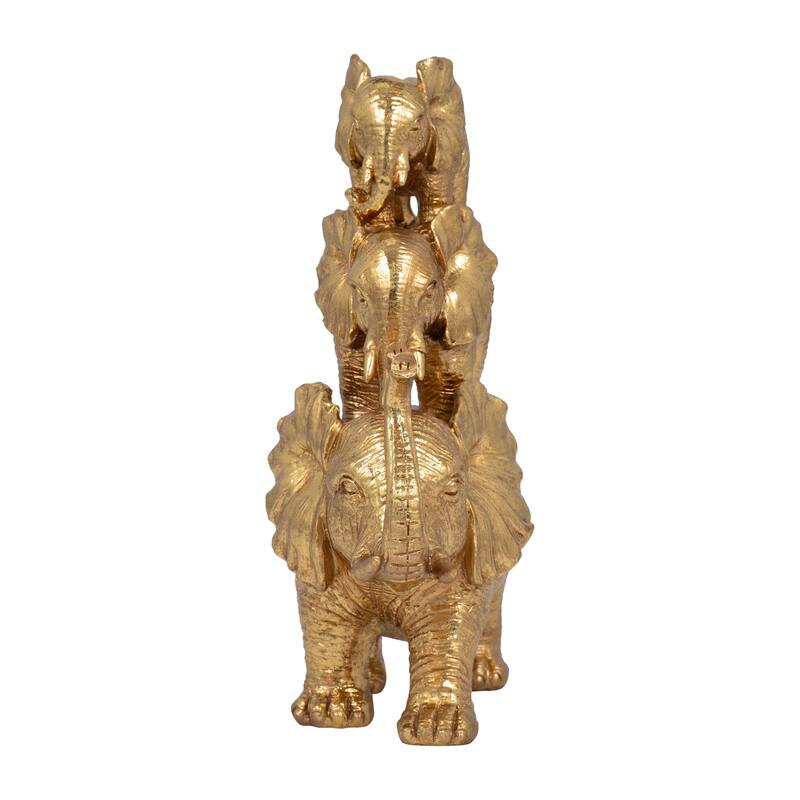 Resin Stacked Raised Trunk Elephants Figurine - Gold, 10"
