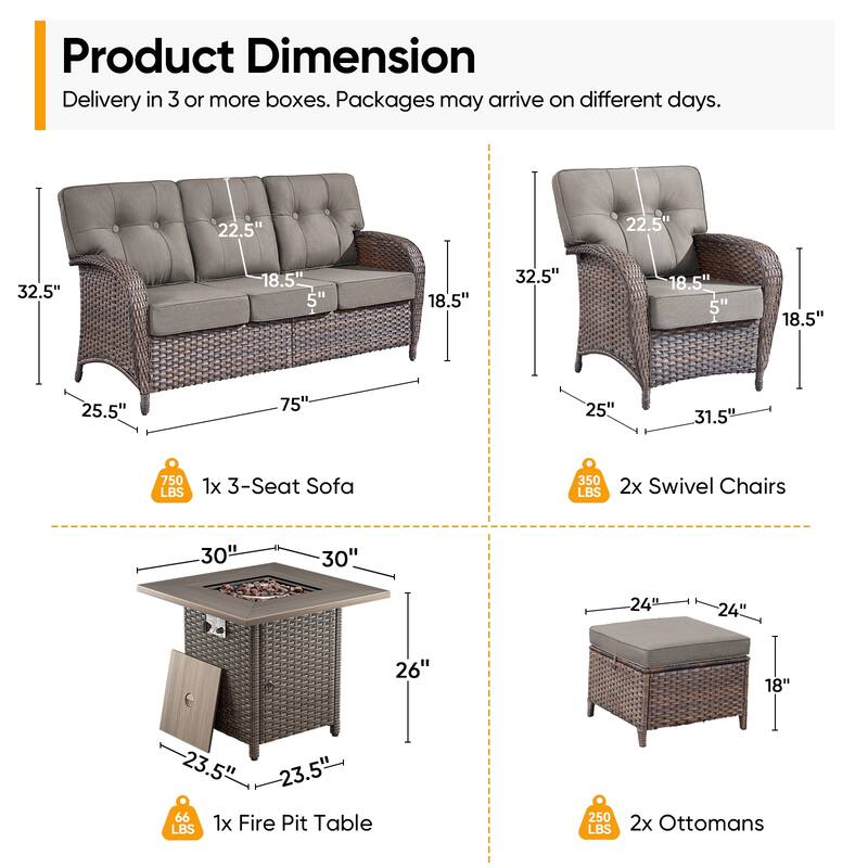 Pocassy Ooutdoor Fire Pit Table with Sofa Patio Chair Ottoman Set