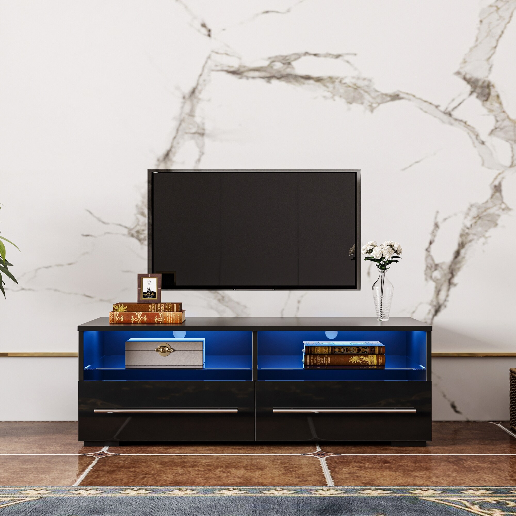 39 L Modern 2 Drawers Storage TV Cabinet TV Stand with 2 Glass Shelf Remote Light Strips for Living Room up to 43 inch TV Bed Bath Beyond 36799586