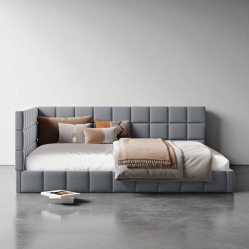 Full Size Upholstered Mid-Century Daybed Sofa Bed Frame with Velvet Fabric and Slats Support