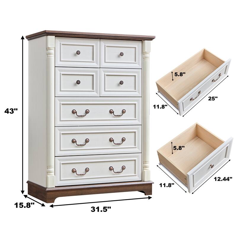 Anmytek White and Walnut 7 Drawer Dresser - Farmhouse Bedroom Storage with Mixed Hardware