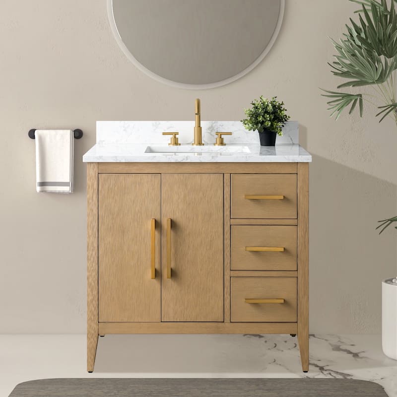 Vanity Art 36" Single Sink Bathroom Vanity Cabinet with Engineered Marble Countertop - 36"/Golden Brushed Handle - Natural Oak